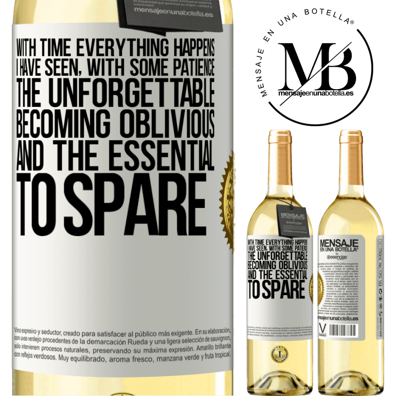 29,95 € Free Shipping | White Wine WHITE Edition With time everything happens. I have seen, with some patience, the unforgettable becoming oblivious, and the essential to White Label. Customizable label Young wine Harvest 2022 Verdejo