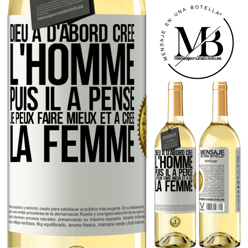 29,95 € Envoi gratuit | Vin blanc Édition WHITE Dieu a d'abord créé l'homme. Puis il a pensé. Je peux faire mieux et a créé la femme Étiquette Blanche. Étiquette personnalisable Vin jeune Récolte 2023 Verdejo