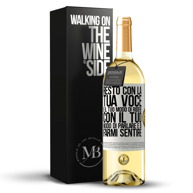 29,95 € Spedizione Gratuita | Vino bianco Edizione WHITE Resto con la tua voce e il tuo modo di ridere, con il tuo modo di parlare e di farmi sentire Etichetta Bianca. Etichetta personalizzabile Vino giovane Raccogliere 2025 Verdejo