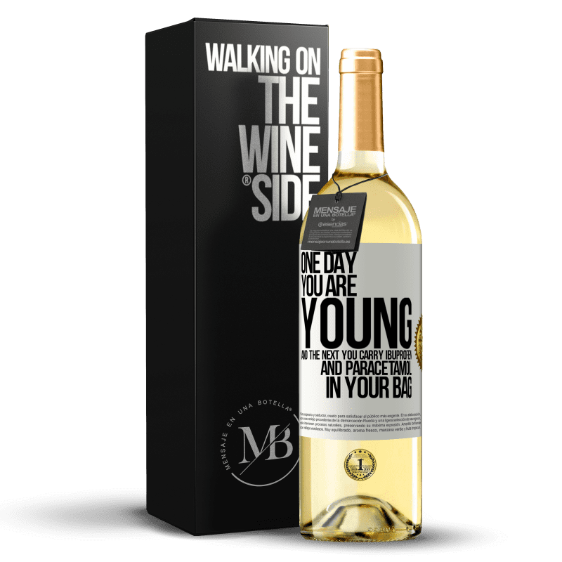 29,95 € Free Shipping | White Wine WHITE Edition One day you are young and the next you carry ibuprofen and paracetamol in your bag White Label. Customizable label Young wine Harvest 2023 Verdejo