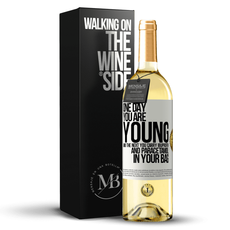 29,95 € Free Shipping | White Wine WHITE Edition One day you are young and the next you carry ibuprofen and paracetamol in your bag White Label. Customizable label Young wine Harvest 2025 Verdejo