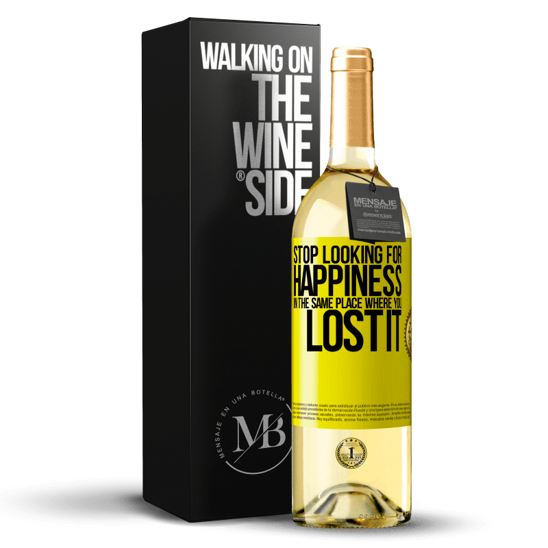 29,95 € 免费送货 | 白葡萄酒 WHITE版 在失去幸福的地方停止寻找幸福 黄色标签. 可自定义的标签 青年酒 收成 2023 Verdejo