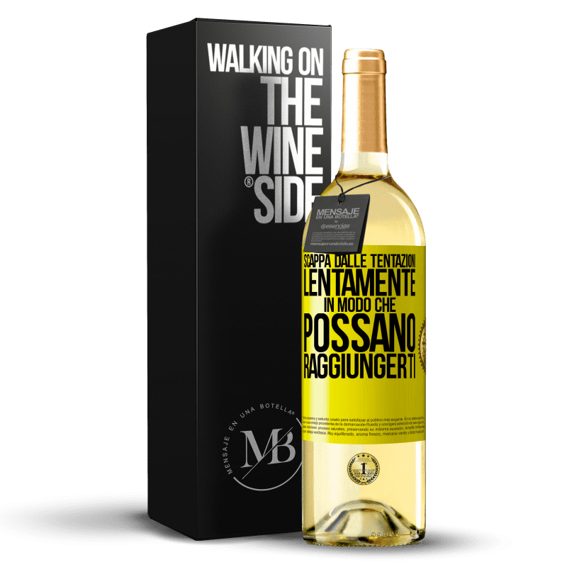 29,95 € Spedizione Gratuita | Vino bianco Edizione WHITE Scappa dalle tentazioni ... lentamente, in modo che possano raggiungerti Etichetta Gialla. Etichetta personalizzabile Vino giovane Raccogliere 2024 Verdejo