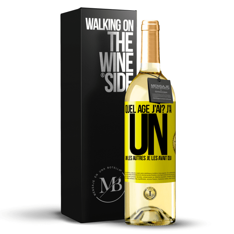 29,95 € Envoi gratuit | Vin blanc Édition WHITE Quel âge j'ai? J'ai UN an. Les autres je les avait déjà Étiquette Jaune. Étiquette personnalisable Vin jeune Récolte 2024 Verdejo