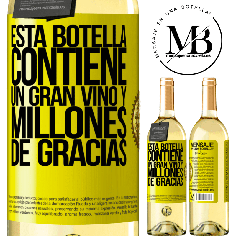 29,95 € Envío gratis | Vino Blanco Edición WHITE Esta botella contiene un gran vino y millones de GRACIAS! Etiqueta Amarilla. Etiqueta personalizable Vino joven Cosecha 2023 Verdejo