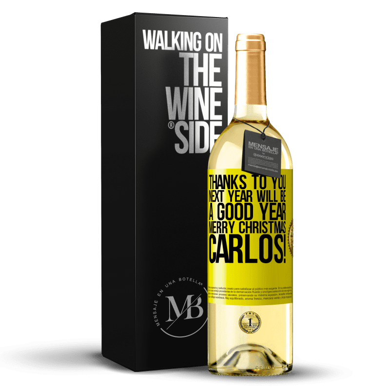 29,95 € 送料無料 | 白ワイン WHITEエディション 来年はありがとうございました。メリークリスマス、カルロス！ 黄色のラベル. カスタマイズ可能なラベル 若いワイン 収穫 2023 Verdejo