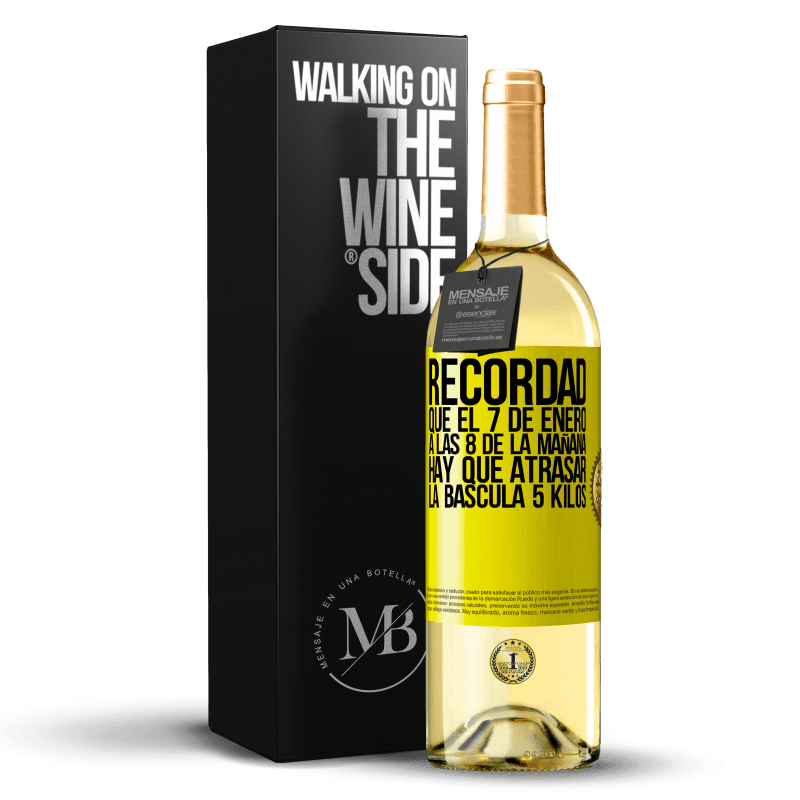 29,95 € Envío gratis | Vino Blanco Edición WHITE Recordad que el 7 de enero a las 8 de la mañana hay que atrasar la báscula 5 Kilos Etiqueta Amarilla. Etiqueta personalizable Vino joven Cosecha 2024 Verdejo