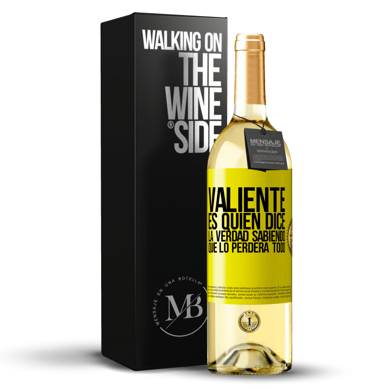 29,95 € Envío gratis | Vino Blanco Edición WHITE Valiente es quien dice la verdad sabiendo que lo perderá todo Etiqueta Amarilla. Etiqueta personalizable Vino joven Cosecha 2024 Verdejo