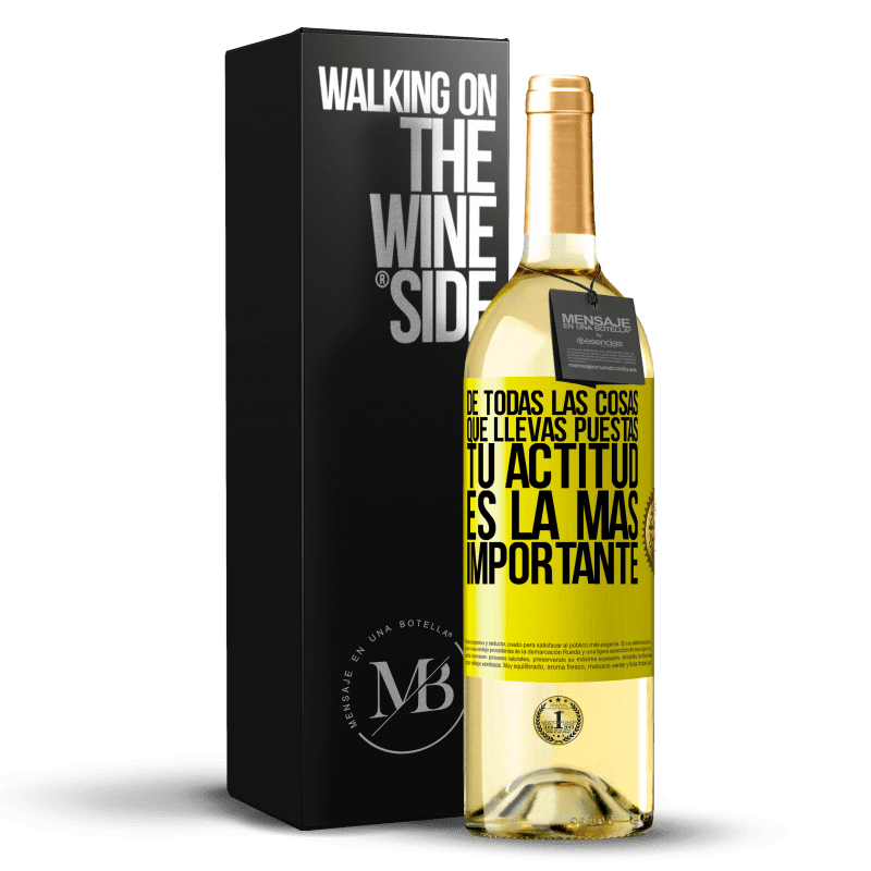 29,95 € Envío gratis | Vino Blanco Edición WHITE De todas las cosas que llevas puestas, tu actitud es la más importante Etiqueta Amarilla. Etiqueta personalizable Vino joven Cosecha 2024 Verdejo