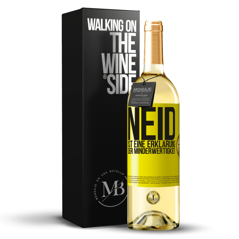 29,95 € Kostenloser Versand | Weißwein WHITE Ausgabe Neid ist eine Erklärung der Minderwertigkeit Gelbes Etikett. Anpassbares Etikett Junger Wein Ernte 2023 Verdejo