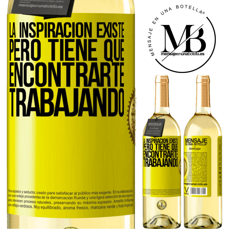 29,95 € Envío gratis | Vino Blanco Edición WHITE La inspiración existe, pero tiene que encontrarte trabajando Etiqueta Amarilla. Etiqueta personalizable Vino joven Cosecha 2023 Verdejo