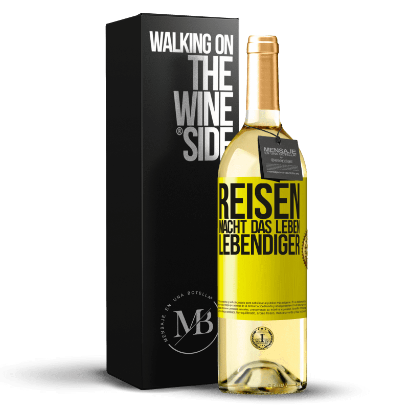 29,95 € Kostenloser Versand | Weißwein WHITE Ausgabe Reisen macht das Leben lebendiger Gelbes Etikett. Anpassbares Etikett Junger Wein Ernte 2023 Verdejo