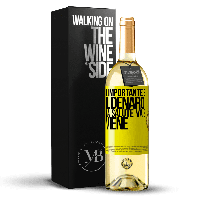 29,95 € Spedizione Gratuita | Vino bianco Edizione WHITE L'importante è il denaro, la salute va e viene Etichetta Gialla. Etichetta personalizzabile Vino giovane Raccogliere 2024 Verdejo