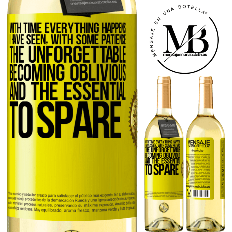 29,95 € Free Shipping | White Wine WHITE Edition With time everything happens. I have seen, with some patience, the unforgettable becoming oblivious, and the essential to Yellow Label. Customizable label Young wine Harvest 2022 Verdejo