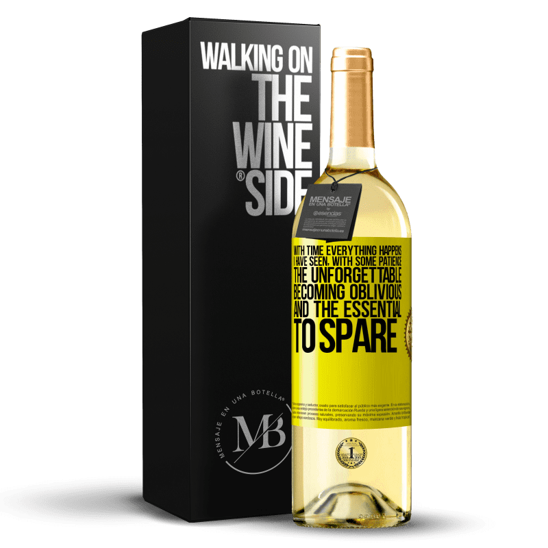 29,95 € Free Shipping | White Wine WHITE Edition With time everything happens. I have seen, with some patience, the unforgettable becoming oblivious, and the essential to Yellow Label. Customizable label Young wine Harvest 2023 Verdejo