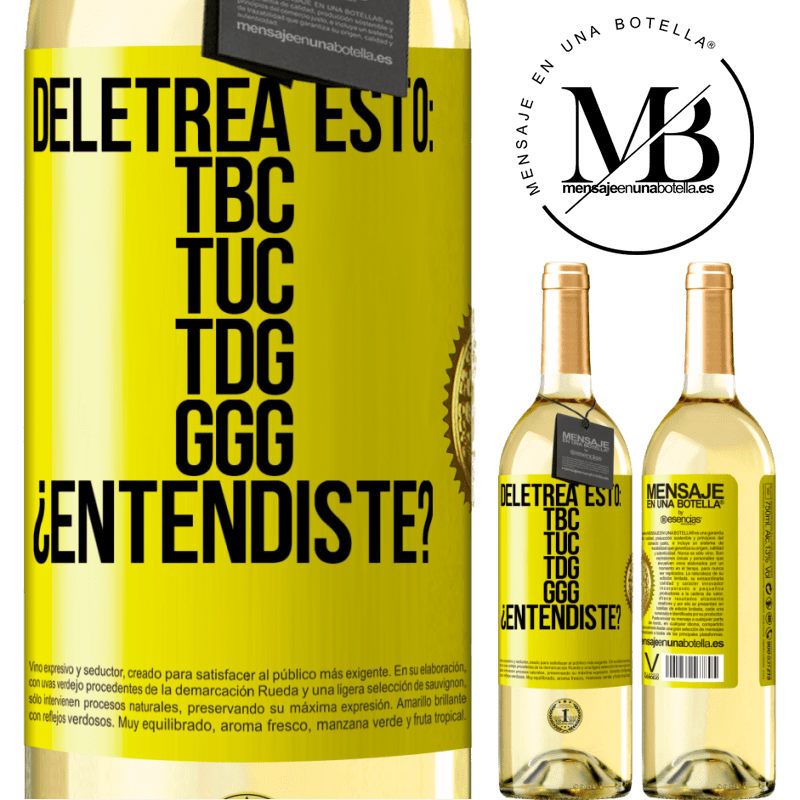 29,95 € Free Shipping | White Wine WHITE Edition Deletrea esto: TBC, TUC, TDG, GGG. ¿Entendiste? Yellow Label. Customizable label Young wine Harvest 2022 Verdejo