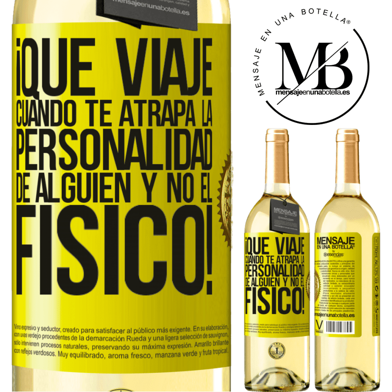 29,95 € Envío gratis | Vino Blanco Edición WHITE ¡Qué viaje cuando te atrapa la personalidad de alguien y no el físico! Etiqueta Amarilla. Etiqueta personalizable Vino joven Cosecha 2024 Verdejo
