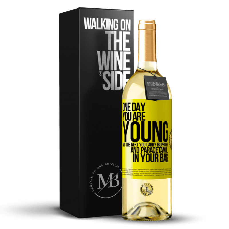 29,95 € Free Shipping | White Wine WHITE Edition One day you are young and the next you carry ibuprofen and paracetamol in your bag Yellow Label. Customizable label Young wine Harvest 2024 Verdejo