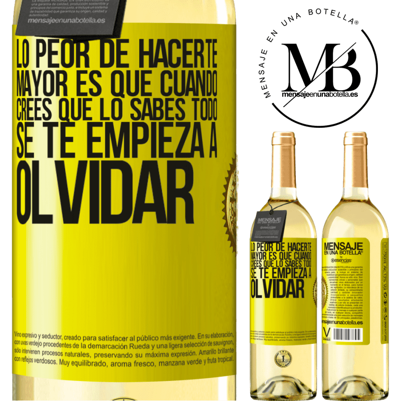 29,95 € Envío gratis | Vino Blanco Edición WHITE Lo peor de hacerte mayor es que cuando crees que lo sabes todo, se te empieza a olvidar Etiqueta Amarilla. Etiqueta personalizable Vino joven Cosecha 2024 Verdejo