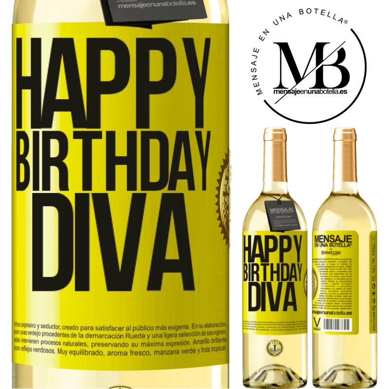 29,95 € Envoi gratuit | Vin blanc Édition WHITE Joyeux anniversaire Diva Étiquette Jaune. Étiquette personnalisable Vin jeune Récolte 2022 Verdejo