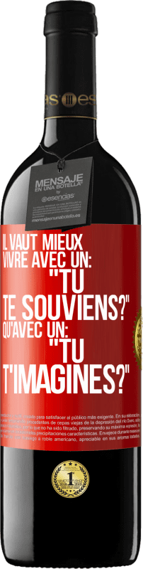 39,95 € | Vin rouge Édition RED MBE Réserve Il vaut mieux vivre avec un: "Tu te souviens?" qu'avec un: "Tu t'imagines?" Étiquette Rouge. Étiquette personnalisable Réserve 12 Mois Récolte 2014 Tempranillo