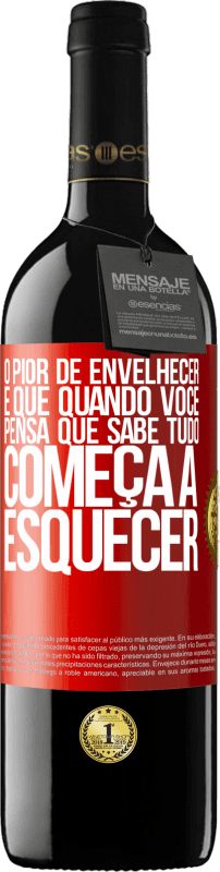 39,95 € | Vinho tinto Edição RED MBE Reserva O pior de envelhecer é que, quando você pensa que sabe tudo, começa a esquecer Etiqueta Vermelha. Etiqueta personalizável Reserva 12 Meses Colheita 2016 Tempranillo