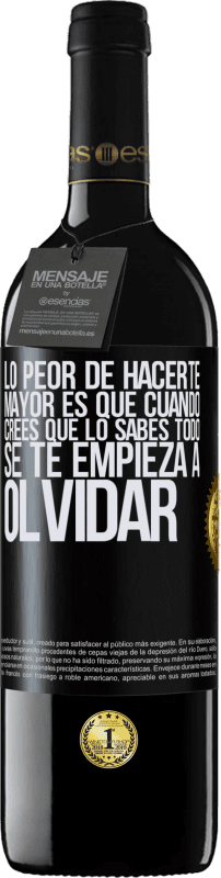 39,95 € Envío gratis | Vino Tinto Edición RED MBE Reserva Lo peor de hacerte mayor es que cuando crees que lo sabes todo, se te empieza a olvidar Etiqueta Negra. Etiqueta personalizable Reserva 12 Meses Cosecha 2014 Tempranillo