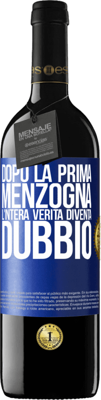 39,95 € | Vino rosso Edizione RED MBE Riserva Dopo la prima menzogna, l'intera verità diventa dubbio Etichetta Blu. Etichetta personalizzabile Riserva 12 Mesi Raccogliere 2015 Tempranillo