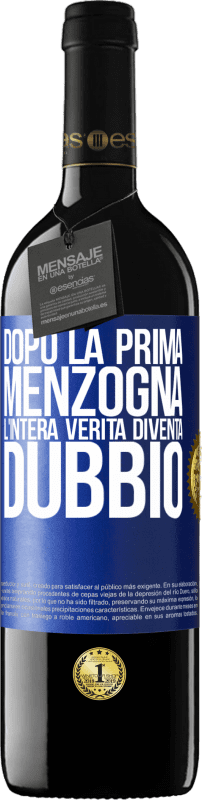 39,95 € | Vino rosso Edizione RED MBE Riserva Dopo la prima menzogna, l'intera verità diventa dubbio Etichetta Blu. Etichetta personalizzabile Riserva 12 Mesi Raccogliere 2016 Tempranillo