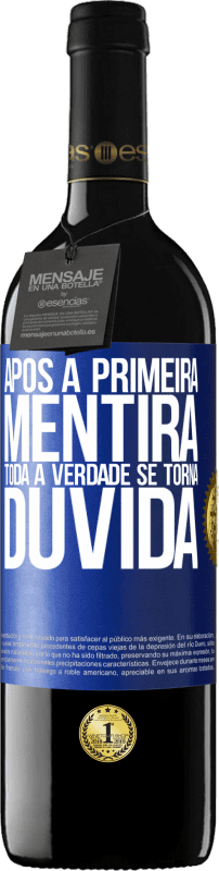 39,95 € | Vinho tinto Edição RED MBE Reserva Após a primeira mentira, toda a verdade se torna dúvida Etiqueta Azul. Etiqueta personalizável Reserva 12 Meses Colheita 2015 Tempranillo