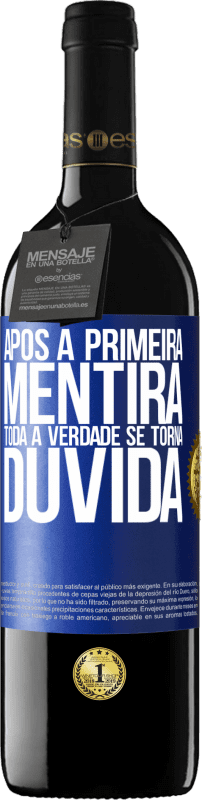 39,95 € | Vinho tinto Edição RED MBE Reserva Após a primeira mentira, toda a verdade se torna dúvida Etiqueta Azul. Etiqueta personalizável Reserva 12 Meses Colheita 2016 Tempranillo