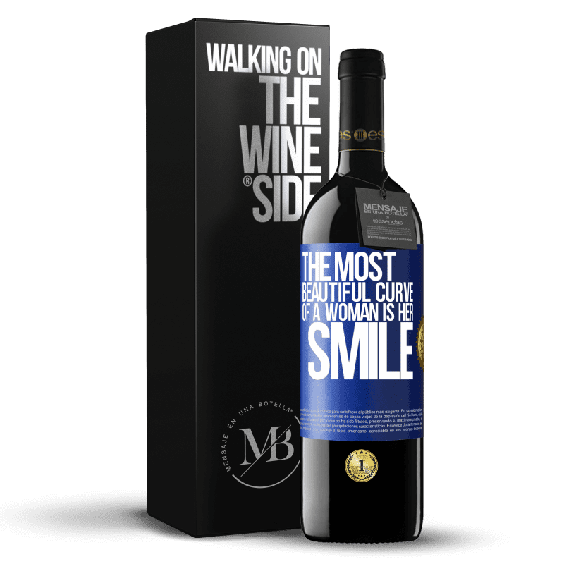 39,95 € Free Shipping | Red Wine RED Edition MBE Reserve The most beautiful curve of a woman is her smile Blue Label. Customizable label Reserve 12 Months Harvest 2014 Tempranillo