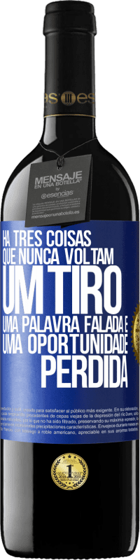 39,95 € | Vinho tinto Edição RED MBE Reserva Há três coisas que nunca voltam: um tiro, uma palavra falada e uma oportunidade perdida Etiqueta Azul. Etiqueta personalizável Reserva 12 Meses Colheita 2015 Tempranillo