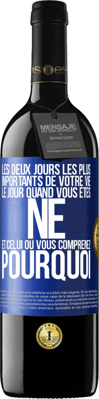 39,95 € | Vin rouge Édition RED MBE Réserve Les deux jours les plus importants de votre vie: le jour quand vous êtes né et celui où vous comprenez pourquoi Étiquette Bleue. Étiquette personnalisable Réserve 12 Mois Récolte 2016 Tempranillo