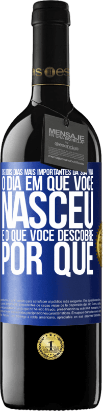 39,95 € | Vinho tinto Edição RED MBE Reserva Os dois dias mais importantes da sua vida: o dia em que você nasceu e o que você descobre por que Etiqueta Azul. Etiqueta personalizável Reserva 12 Meses Colheita 2015 Tempranillo