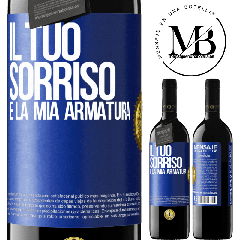 39,95 € Spedizione Gratuita | Vino rosso Edizione RED MBE Riserva Il tuo sorriso è la mia armatura Etichetta Blu. Etichetta personalizzabile Riserva 12 Mesi Raccogliere 2016 Tempranillo