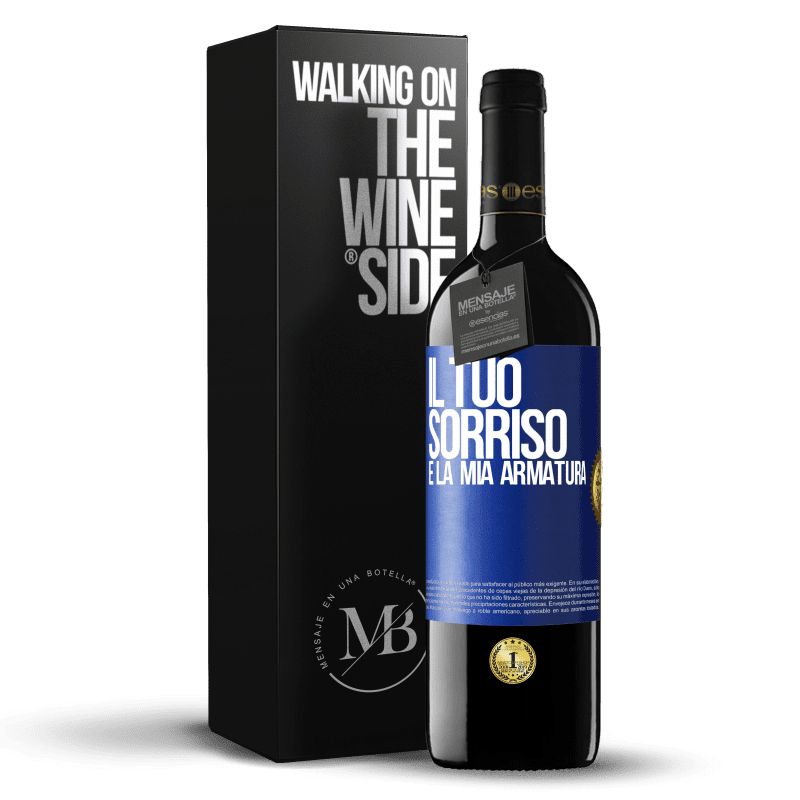 39,95 € Spedizione Gratuita | Vino rosso Edizione RED MBE Riserva Il tuo sorriso è la mia armatura Etichetta Blu. Etichetta personalizzabile Riserva 12 Mesi Raccogliere 2016 Tempranillo