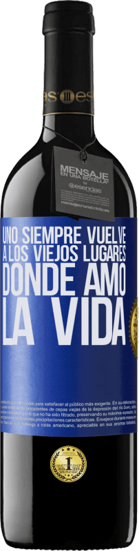 39,95 € | Vino Tinto Edición RED MBE Reserva Uno siempre vuelve a los viejos lugares donde amó la vida Etiqueta Azul. Etiqueta personalizable Reserva 12 Meses Cosecha 2015 Tempranillo