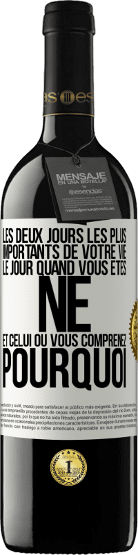 39,95 € | Vin rouge Édition RED MBE Réserve Les deux jours les plus importants de votre vie: le jour quand vous êtes né et celui où vous comprenez pourquoi Étiquette Blanche. Étiquette personnalisable Réserve 12 Mois Récolte 2014 Tempranillo