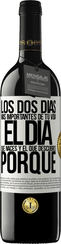 39,95 € | Vino Tinto Edición RED MBE Reserva Los dos días más importantes de tu vida: El día que naces y el que descubres porqué Etiqueta Blanca. Etiqueta personalizable Reserva 12 Meses Cosecha 2016 Tempranillo