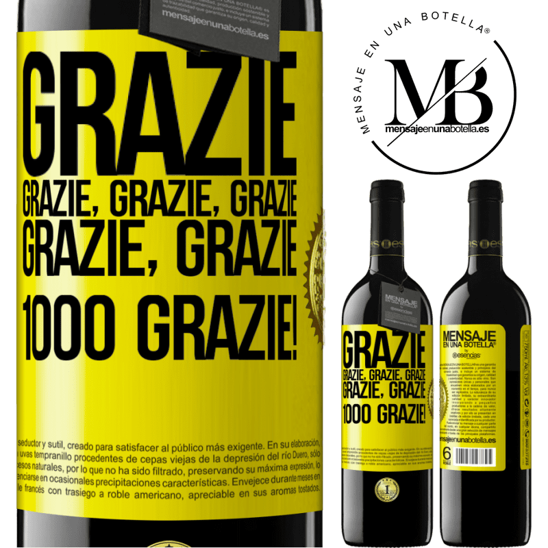 39,95 € Spedizione Gratuita | Vino rosso Edizione RED MBE Riserva Grazie, grazie, grazie, grazie, grazie, grazie 1000 Grazie! Etichetta Gialla. Etichetta personalizzabile Riserva 12 Mesi Raccogliere 2014 Tempranillo