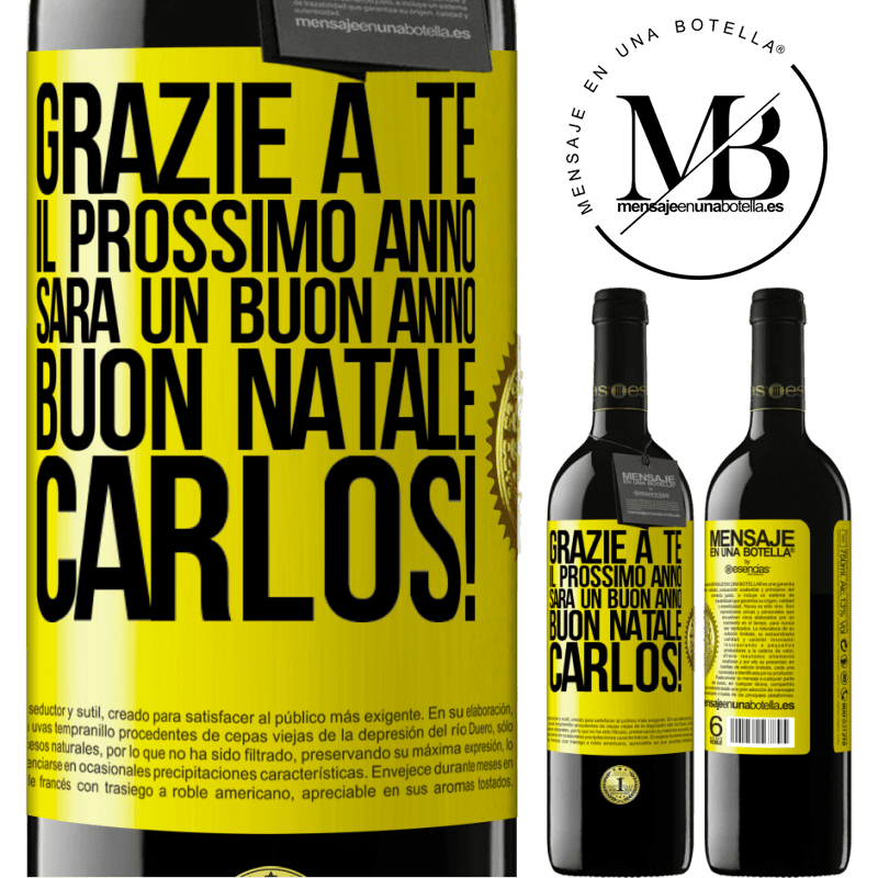 39,95 € Spedizione Gratuita | Vino rosso Edizione RED MBE Riserva Grazie a te il prossimo anno sarà un buon anno. Buon Natale, Carlos! Etichetta Gialla. Etichetta personalizzabile Riserva 12 Mesi Raccogliere 2014 Tempranillo