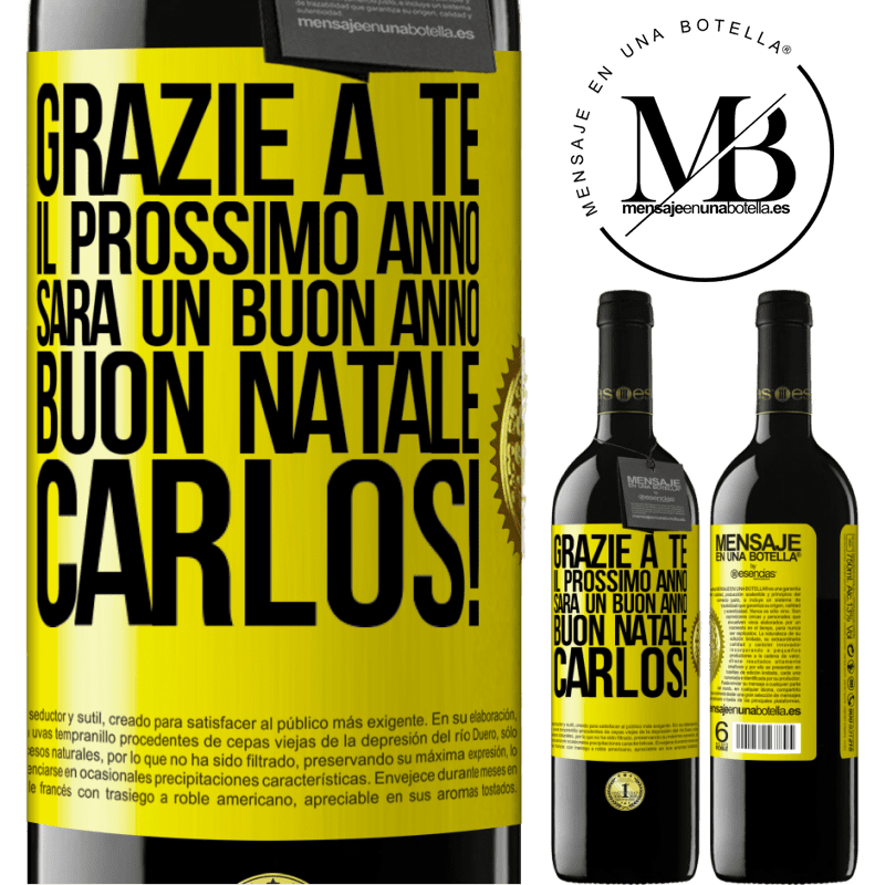 39,95 € Spedizione Gratuita | Vino rosso Edizione RED MBE Riserva Grazie a te il prossimo anno sarà un buon anno. Buon Natale, Carlos! Etichetta Gialla. Etichetta personalizzabile Riserva 12 Mesi Raccogliere 2016 Tempranillo