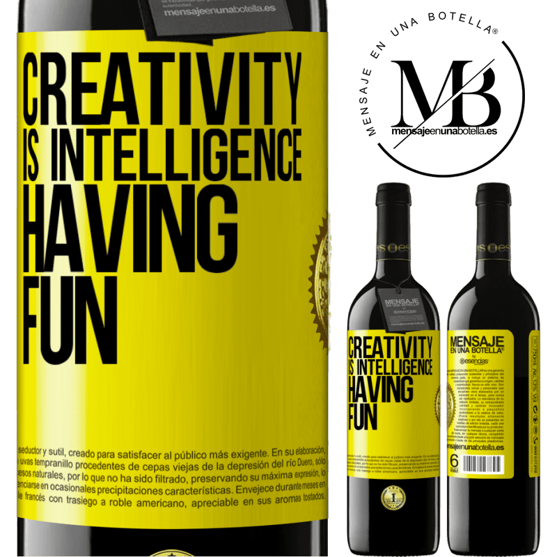 24,95 € Free Shipping | Red Wine RED Edition Crianza 6 Months Creativity is intelligence having fun Yellow Label. Customizable label Aging in oak barrels 6 Months Harvest 2019 Tempranillo