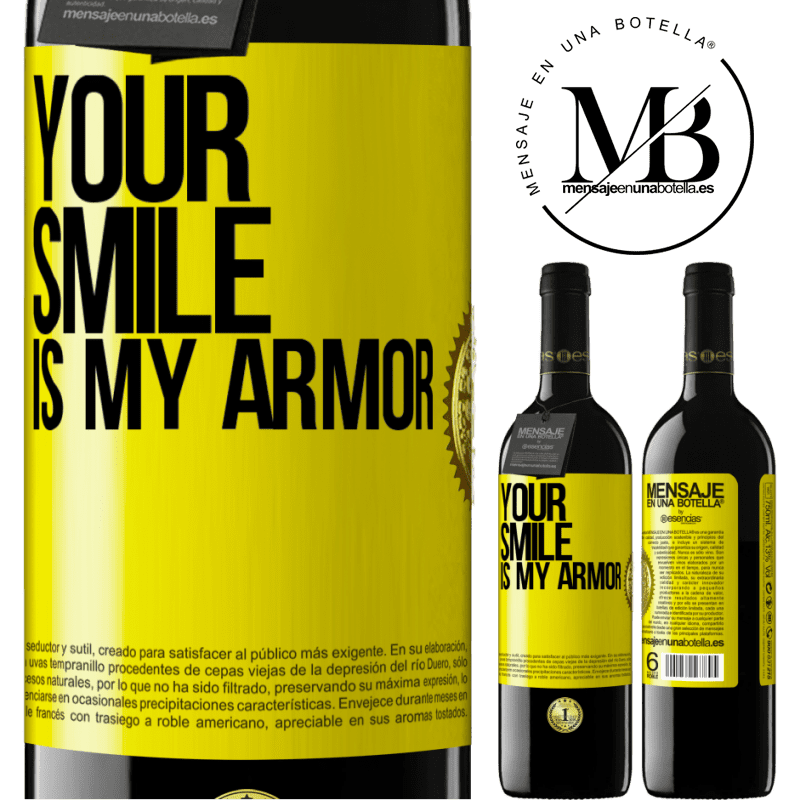 24,95 € Free Shipping | Red Wine RED Edition Crianza 6 Months Your smile is my armor Yellow Label. Customizable label Aging in oak barrels 6 Months Harvest 2019 Tempranillo