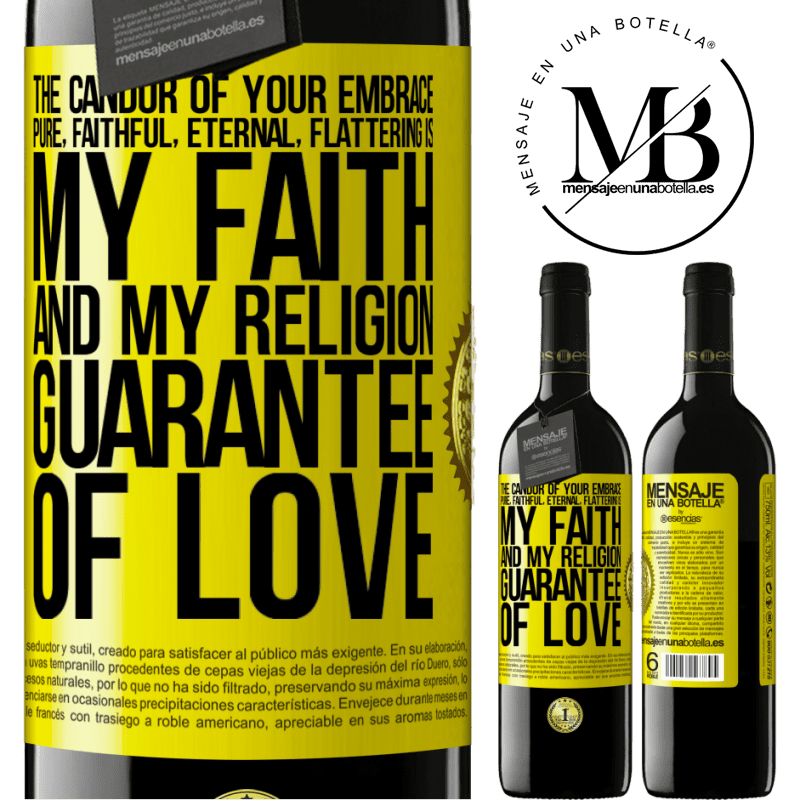 24,95 € Free Shipping | Red Wine RED Edition Crianza 6 Months The candor of your embrace, pure, faithful, eternal, flattering, is my faith and my religion, guarantee of love Yellow Label. Customizable label Aging in oak barrels 6 Months Harvest 2019 Tempranillo