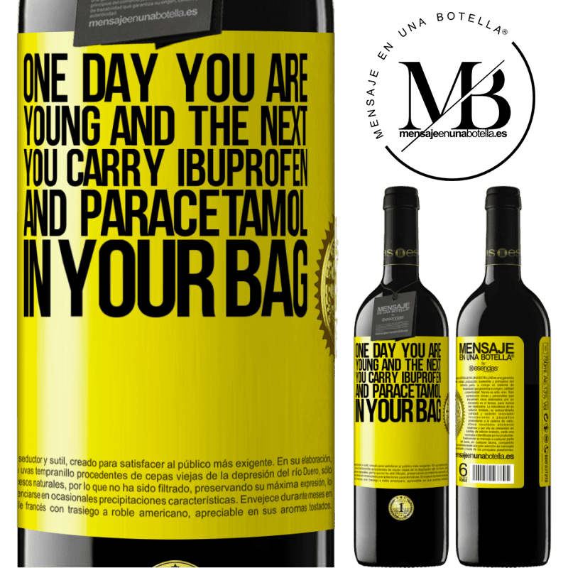 24,95 € Free Shipping | Red Wine RED Edition Crianza 6 Months One day you are young and the next you carry ibuprofen and paracetamol in your bag Yellow Label. Customizable label Aging in oak barrels 6 Months Harvest 2019 Tempranillo