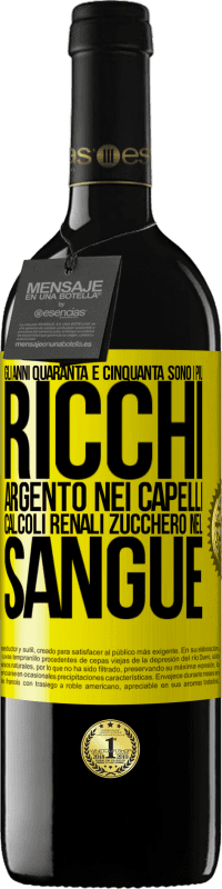 39,95 € | Vino rosso Edizione RED MBE Riserva Gli anni Quaranta e Cinquanta sono i più ricchi. Argento nei capelli, calcoli renali, zucchero nel sangue Etichetta Gialla. Etichetta personalizzabile Riserva 12 Mesi Raccogliere 2014 Tempranillo