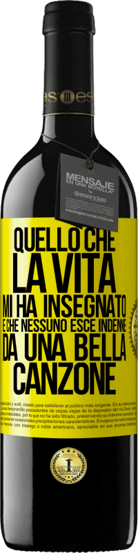 39,95 € | Vino rosso Edizione RED MBE Riserva Quello che la vita mi ha insegnato è che nessuno esce indenne da una bella canzone Etichetta Gialla. Etichetta personalizzabile Riserva 12 Mesi Raccogliere 2015 Tempranillo