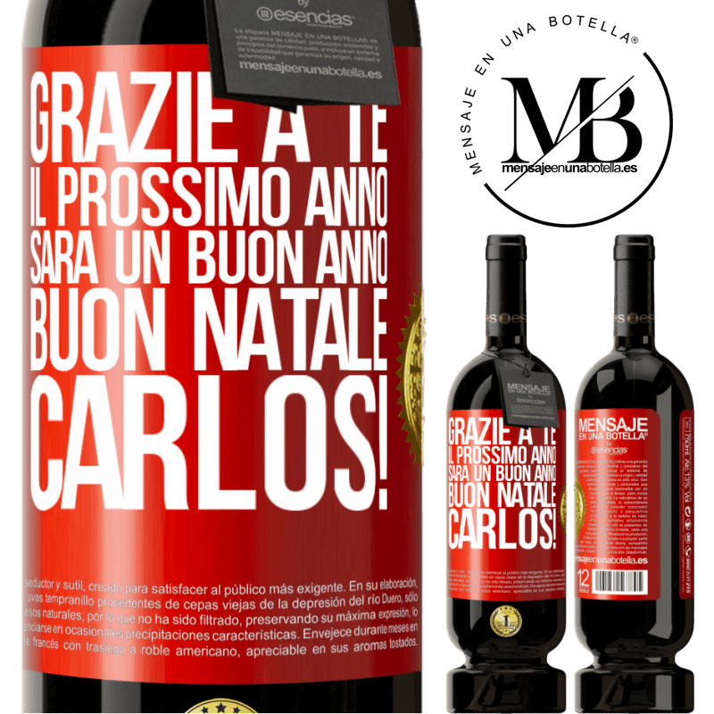 49,95 € Spedizione Gratuita | Vino rosso Edizione Premium MBS® Riserva Grazie a te il prossimo anno sarà un buon anno. Buon Natale, Carlos! Etichetta Rossa. Etichetta personalizzabile Riserva 12 Mesi Raccogliere 2016 Tempranillo